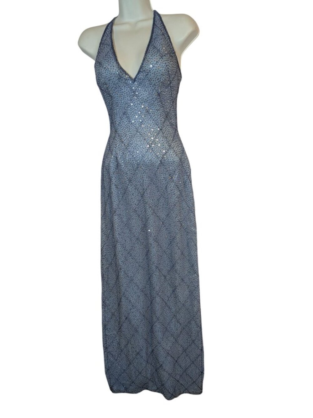 Andretta Donatello Blue Beaded Halter Gown XXS Pure Silk Y2K